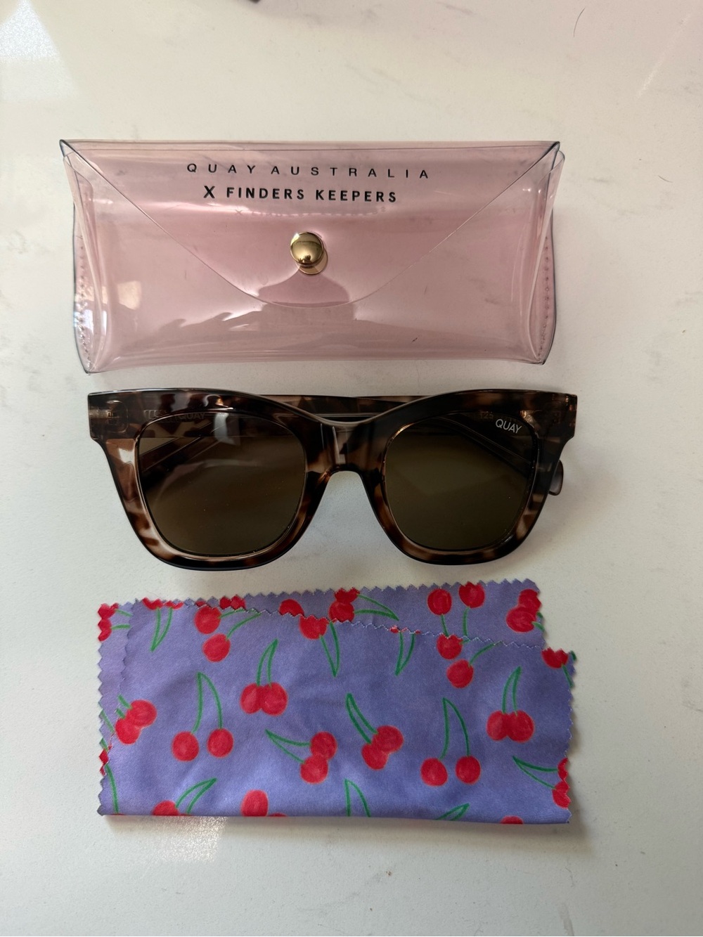 Quay Australia Kids Tortoiseshell Sunglasses with Pink Case and Cherry Cloth